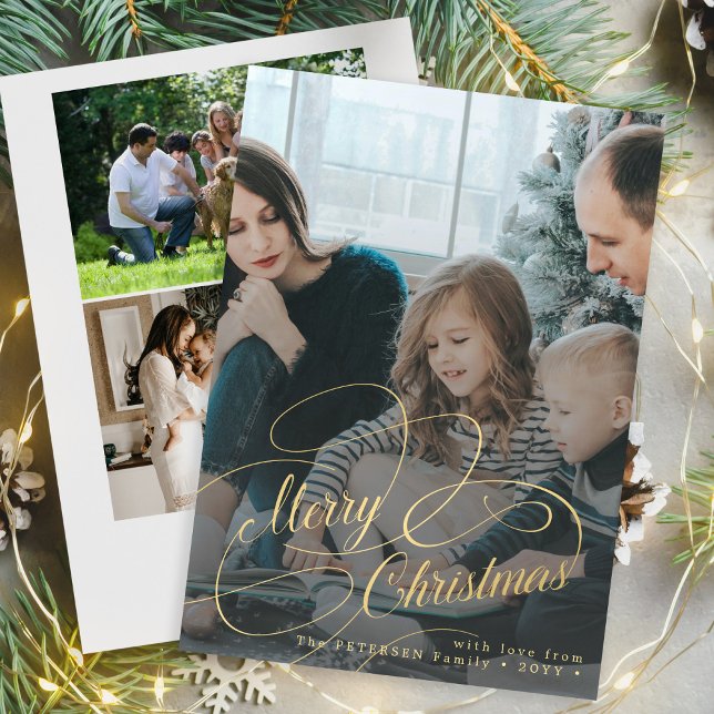 Guld God jul 4 fotokollage Julkort (Skapare uppladdad)