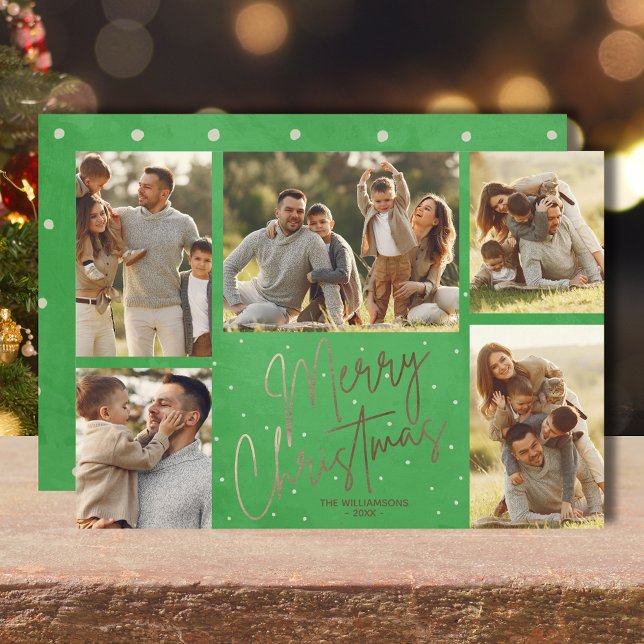 Guld God jul 5 fotoGrönt Julkort (Gold faux foil Merry Christmas five photos flat green holiday cards with your greeting on the back)