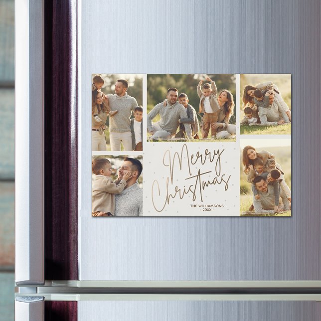 Guld God jul 5-fotokort med magnetkort (Faux gold Merry Christmas 5 photo white border magnetic Christmas cards)