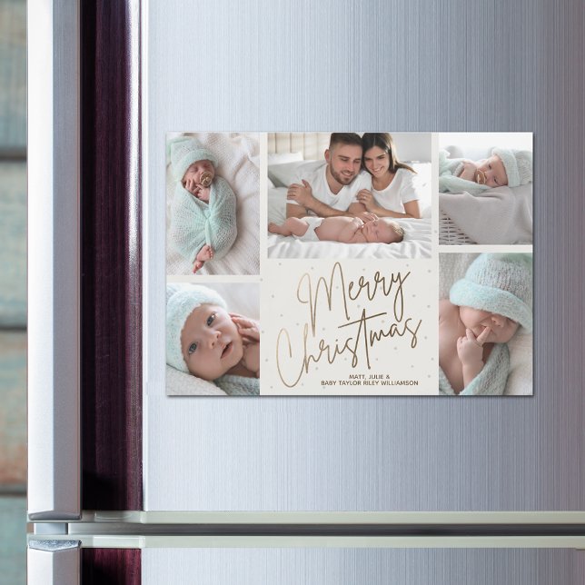 Guld God jul 5-fotokort med magnetkort (Faux gold Merry Christmas 5 photo white border magnetic Christmas cards)