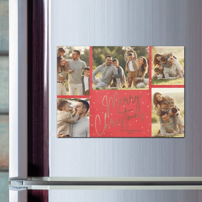 Guld God jul 5 Photo Red Helgdag Magnet (Faux gold Merry Christmas 5 photo red border magnetic Christmas cards)