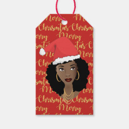 Guld God jul, Black Woman, Santa Hat, Red Presentetikett