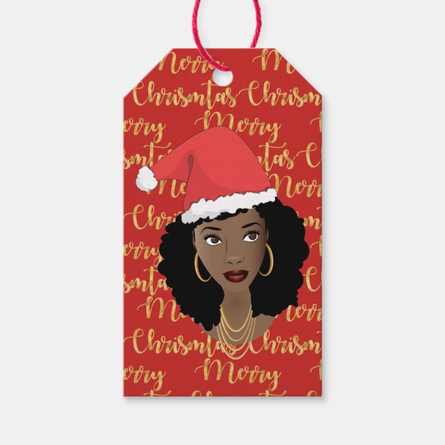 Guld God jul, Black Woman, Santa Hat, Red Presentetikett (Framsidan)