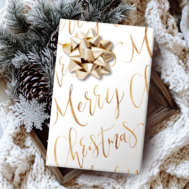 Guld God jul Calligraphy Helgdag Presentpapper (Gold Merry Christmas Calligraphy Holiday Wrapping Paper)
