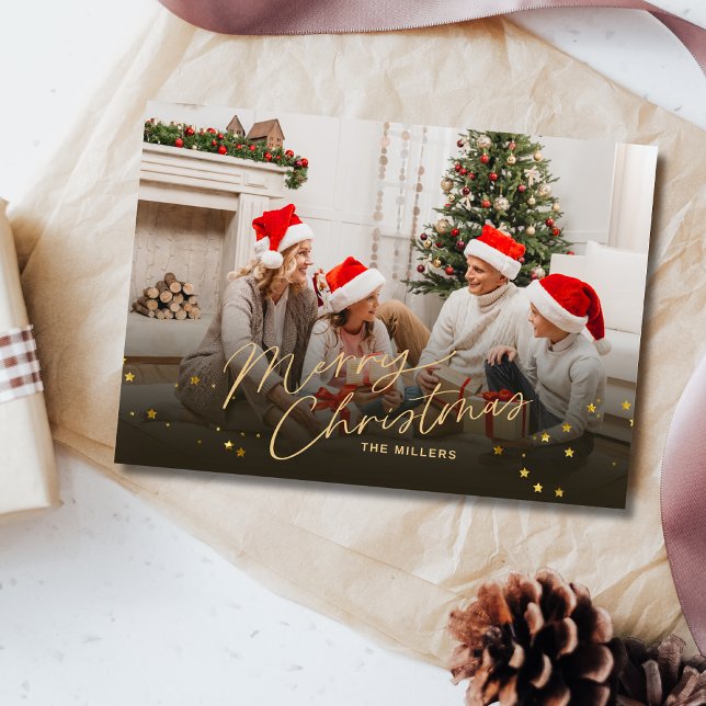 Guld God Jul Familjefoto julkort (Skapare uppladdad)