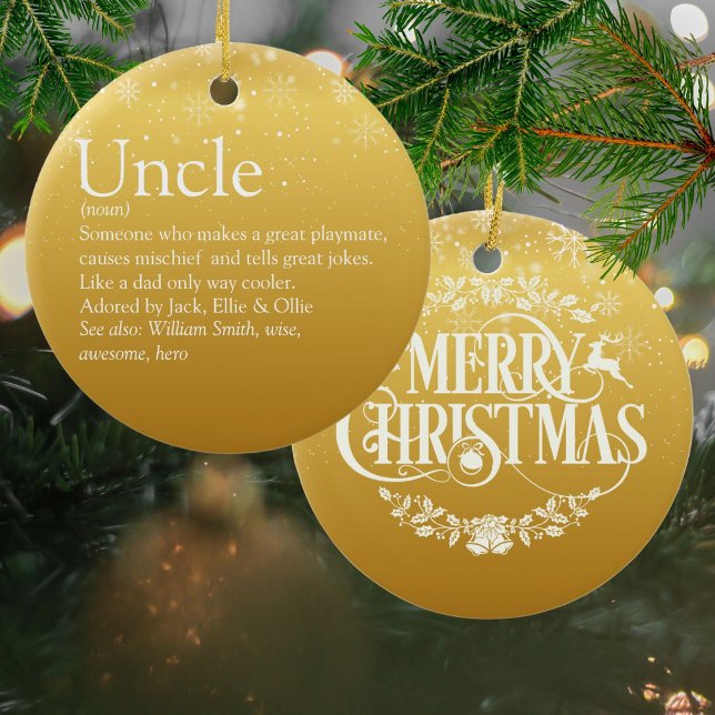 Guld God jul Farbror Funcle Definition Julgransprydnad Keramik (Gold Merry Christmas Uncle Funcle Definition Ceramic Ornament)