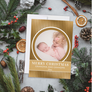 Guld God Jul Farföräldrar Barnbarnsfoto Julkort