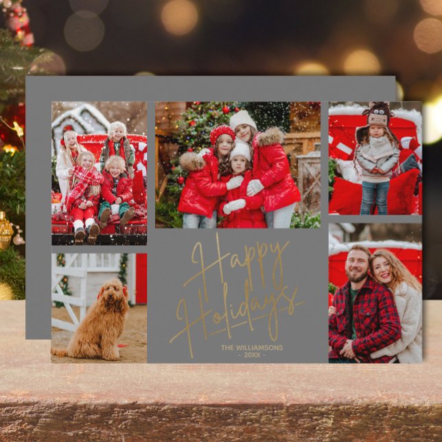 Guld God Jul Fem Bilder Grå Julkort (Gold script Happy Holidays five photos silver grey flat holiday greeting cards)