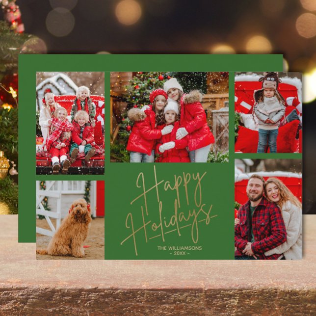 Guld God Jul Fem Bilder Grön Julkort (Gold Happy Holidays five photos on green flat greeting cards)