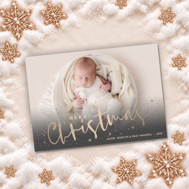 Guld God Jul Foto Julkort (Faux gold Merry Christmas and stars photo holiday cards, PRINTED and/or INSTANT DOWNLOAD)