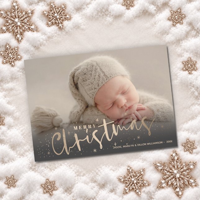 Guld God Jul Foto Julkort (Faux gold Merry Christmas and stars photo holiday cards, PRINTED and/or INSTANT DOWNLOAD)