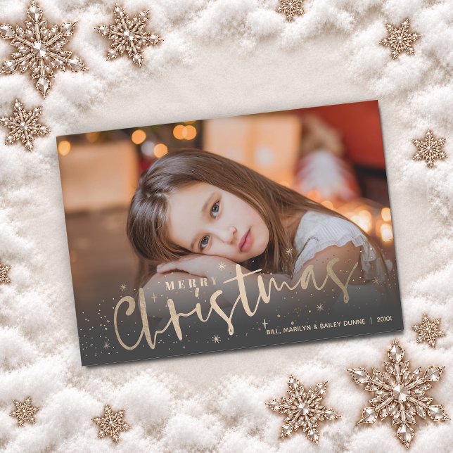 Guld God Jul Foto Julkort (Faux gold Merry Christmas and stars photo holiday cards, PRINTED and/or INSTANT DOWNLOAD)