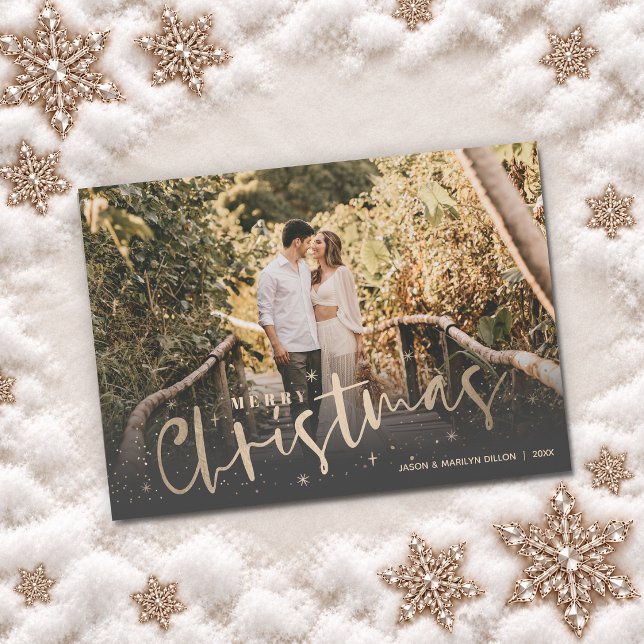 Guld God Jul Foto Julkort (Faux gold Merry Christmas and stars photo holiday cards, PRINTED and/or INSTANT DOWNLOAD)