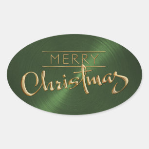 Guld God jul Grönt Sticker Embossed Titta på Ovalt Klistermärke