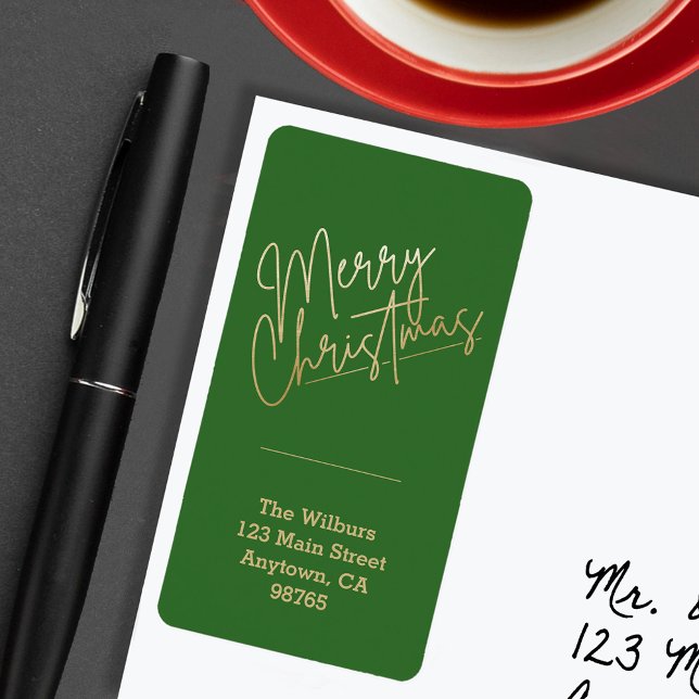 Guld God jul: Juldagen Returadress" Adressetikett (Gold Merry Christmas on Green Return Address Labels)
