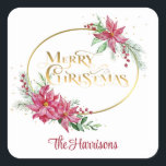Guld God jul med Poinsettias och Gräs Fyrkantigt Klistermärke<br><div class="desc">Sprayer av elegant vattenfärgen stil poinsettias och bär med vintern gräs och grönt med övertoningsband av ovala guld och anpassningsbarna "God jul" med guld sparkler och redigerbar text fält.</div>