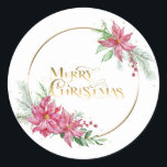 Guld God jul med Poinsettias och Gräs Runt Klistermärke<br><div class="desc">Sprayer av elegant vattenfärgen stil poinsettias och bär med vintern gräs och grönska med övertoningsband av ovala guld och anpassningsbarna "God jul" med guld sparkler.</div>