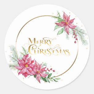 Guld God jul med Poinsettias och Gräs Runt Klistermärke