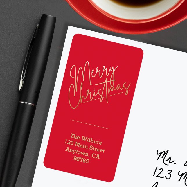 Guld God jul om den röda julen Adress Adressetikett (Gold Merry Christmas on Red Return Address Labels)