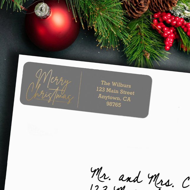 Guld God Jul på grå returadress Etikett (Gold Merry Christmas script on grey return address labels)