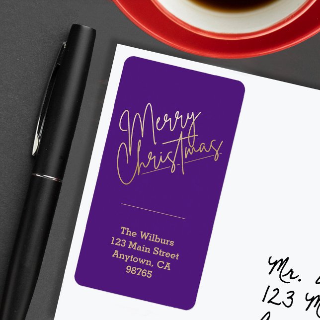 Guld God jul på Lilans Returadress Adressetikett (Gold Merry Christmas on Purple Return Address Labels)