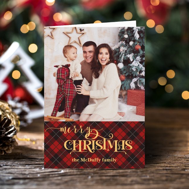 Guld God jul på Red Tartan Photo Helgkort (Skapare uppladdad)