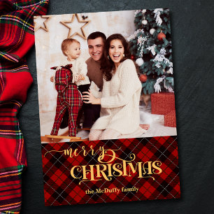 Guld God jul på Red Tartan Photo Julkort