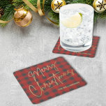 Guld God jul Red Buffalo Underlägg Papper Kvadrat<br><div class="desc">God jul-text i ett faux-guld-folie och ditt namn i chic är skrivet på dessa röda och grått buffalo plaid mönster papper underlägg,  perfekt för helgdagarna. MATCHING-objekt i vår butik.</div>