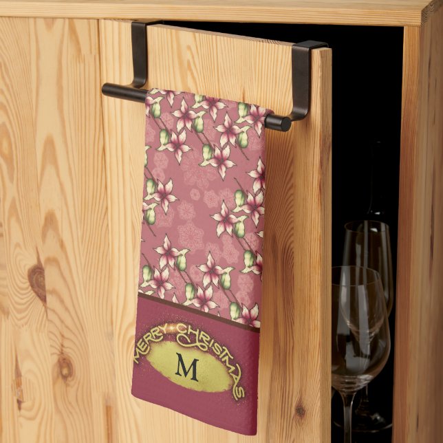 Guld God jul Red Poinsettia Monogrammed Kökshandduk (Thirds Fold)