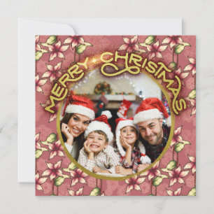 Guld God jul Red Poinsettia och Snöflingor Julkort