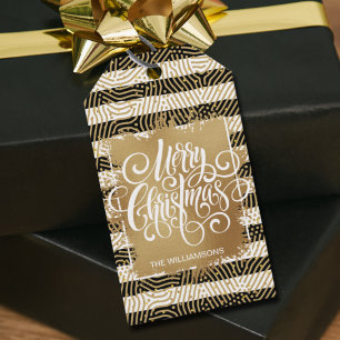 Guld God jul Svartvit Rand Presentetikett