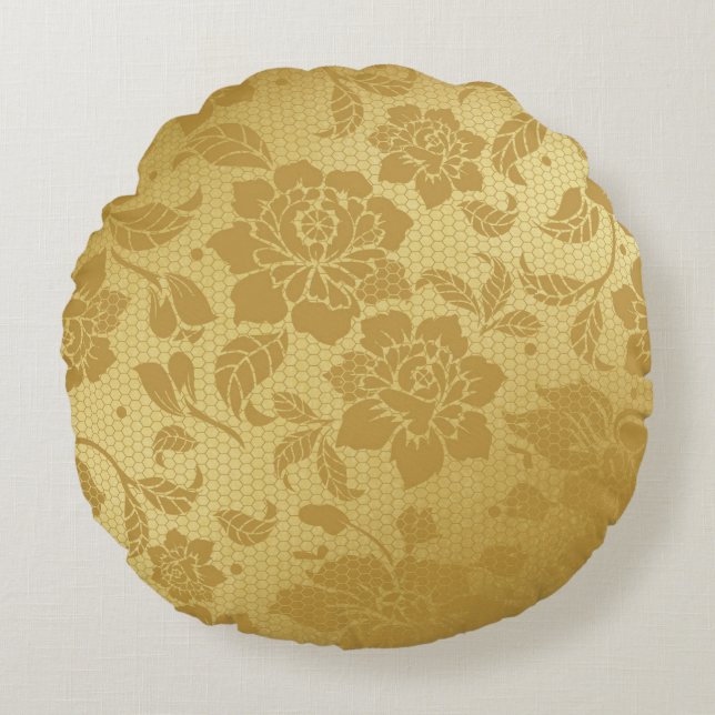 Guld Golden Honeycomb Flowers Blommigt Elegant Rund Kudde (Framsidan)