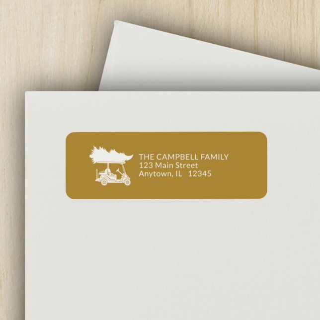 Guld Golf Cart med Julgran Returadress Returadress Etikett (Skapare uppladdad)