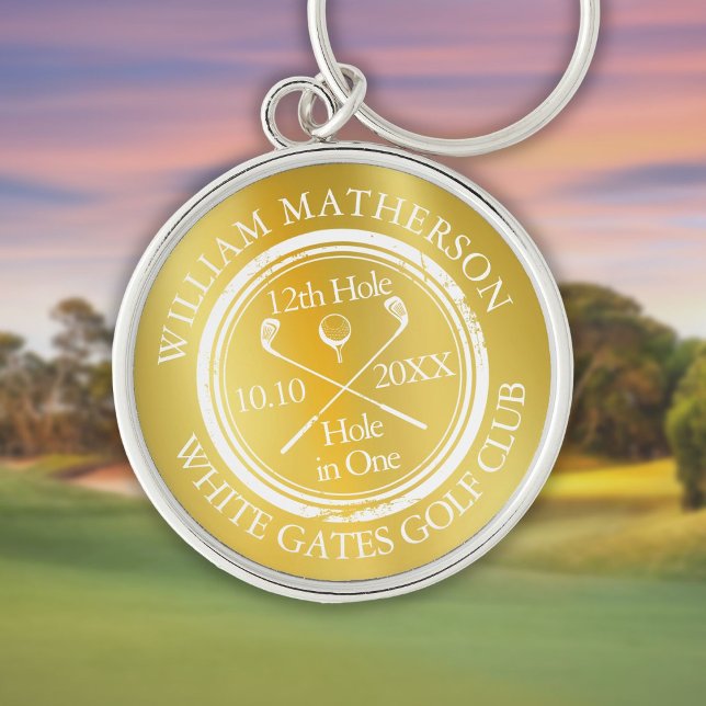 Guld Golf Hål-i-ett Klassisk Personlig Rund Silverfärgad Nyckelring (Gold Golf Hole in One Classic Personalized Keychain)