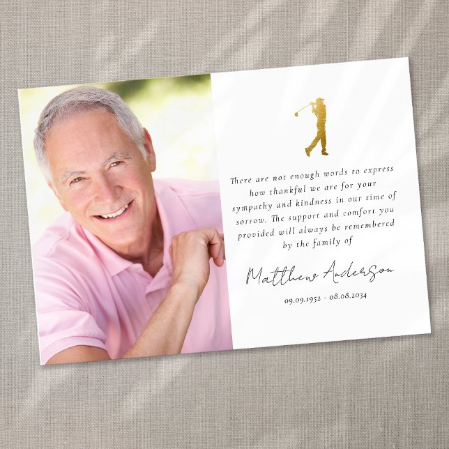 Guld Golfer Photo Sympathy Funeral Tack Kort (Skapare uppladdad)