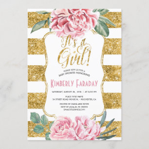 Guld görar randig den blom- vintagebaby shower inbjudningar