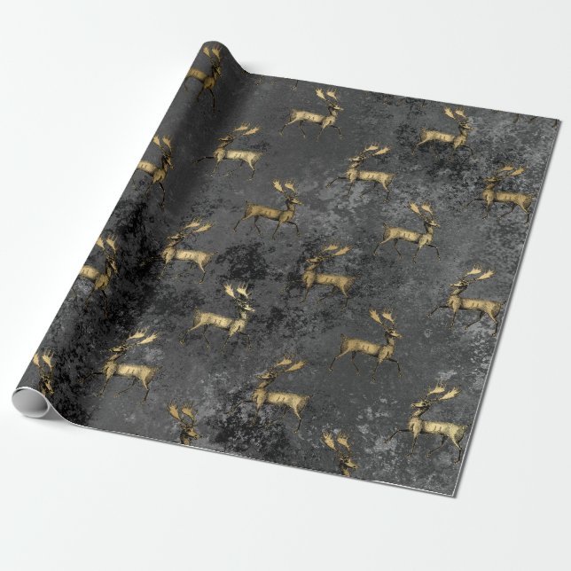Guld Gothic Grunge jul Reindeer Mönster Presentpapper (Utrullad)