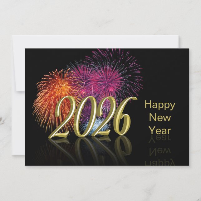 Guld Gott Nytt År 2026 Fyrverkerier Julkort (Framsida)