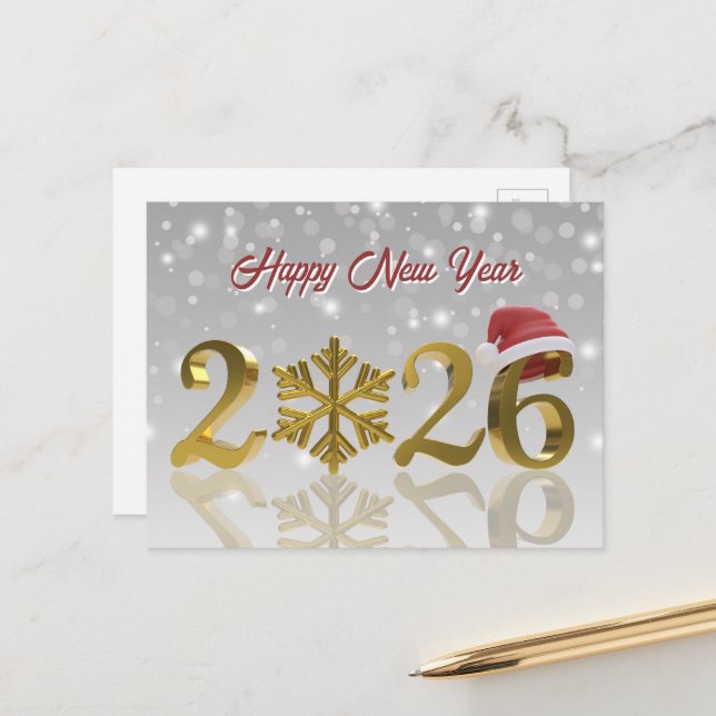 Guld Gott Nytt År 2026 | Tomtehatt och Snöflinga Helg Vykort (Fram/Back In Situ)