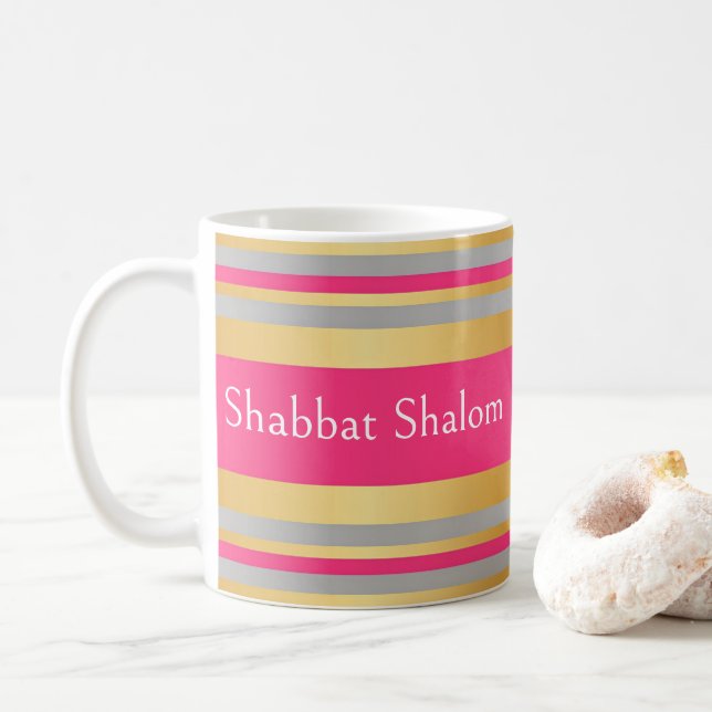 Guld Grå Hot Pink Ränder, Shabbat Shalom Kaffemugg (Med munk)