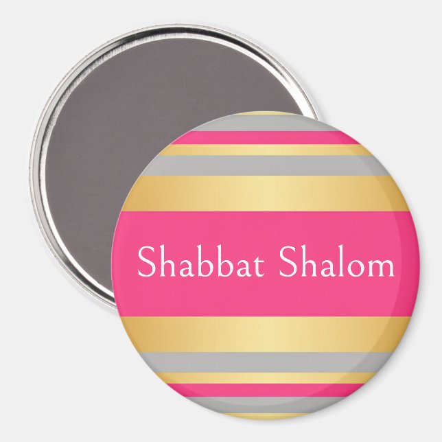 Guld Grå Hot Pink Ränder, Shabbat Shalom Magnet (Front/Back)