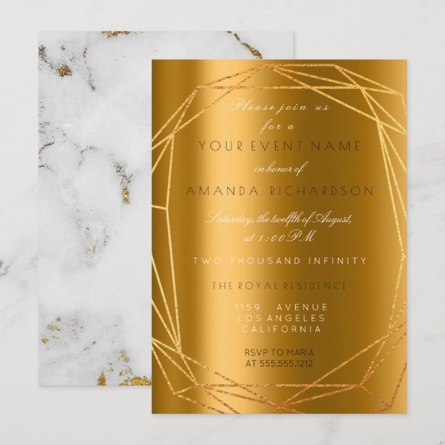 Guld Grå Marmor Stens Födelsedag Diamant Ram Inbjudningar (Fram/baksida)