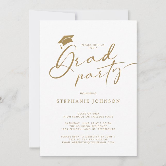 Guld Grad Cap Modern Calligraphy Studentfest Inbjudningar (Framsida)