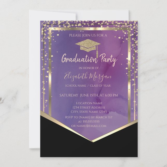 Guld Grad Cap Ram Watercolor Violet Studenten Inbjudningar (Framsida)