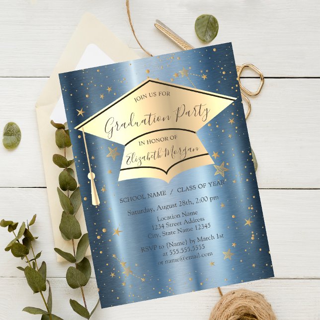 Guld Grad Cap,Stars Blue Metallic Studenten Inbjudningar (Skapare uppladdad)