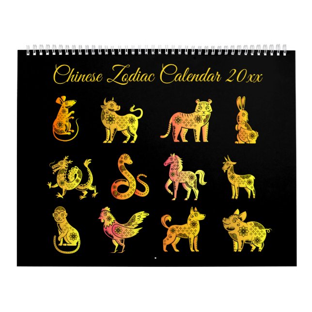 Guld Gradient Chinese Zodiac Animal Black Kalender (Omslag)