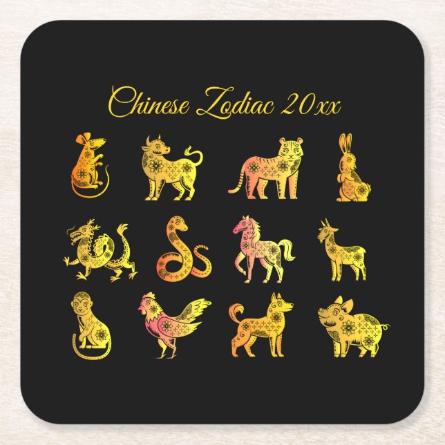 Guld Gradient Chinese Zodiac Animal Black Underlägg Papper Kvadrat (Framsidan)
