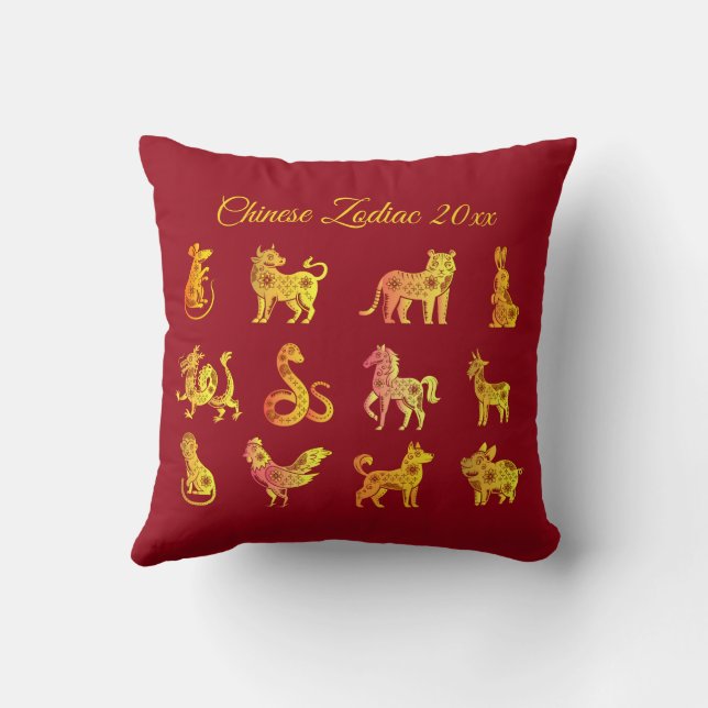 Guld Gradient Chinese Zodiac Red Red Kudde (Baksida)
