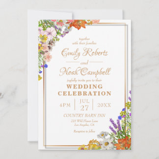 Guld Gräns Colorful Wildblommor Landsbyggsbröllop Inbjudningar