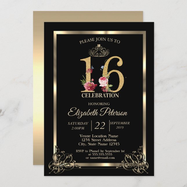 Guld Gräns Krona Blommigt Söt 16 Party Inbjudningar (Fram/baksida)